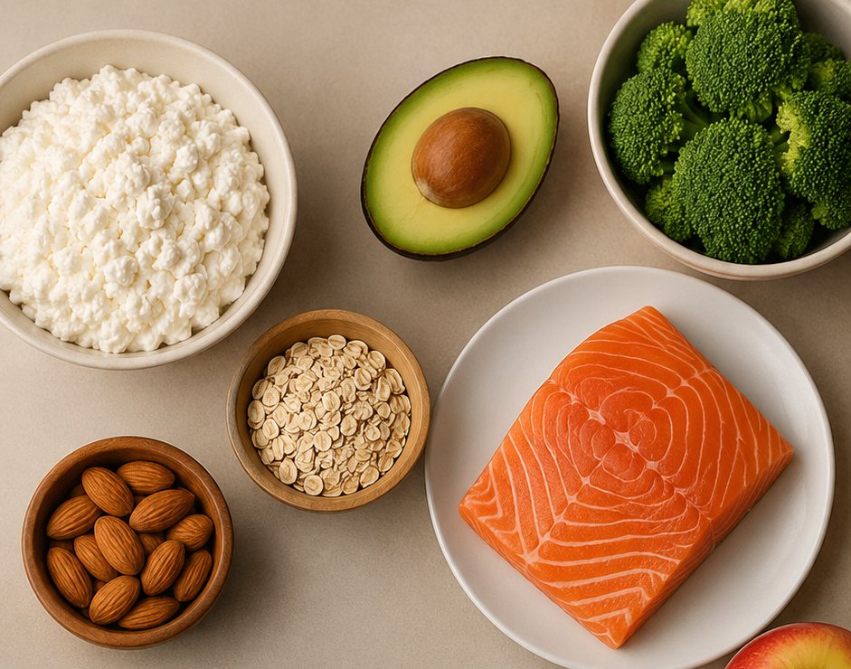Alimenti ricchi di proteine: fiocchi di latte, salmone, mandorle, avena, avocado e broccoli
