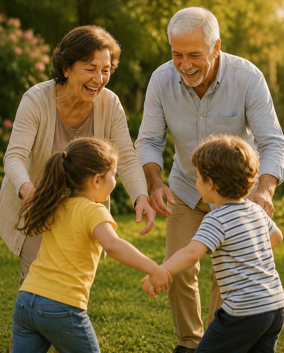 Nonni che giocano in giardino con i loro due nipoti